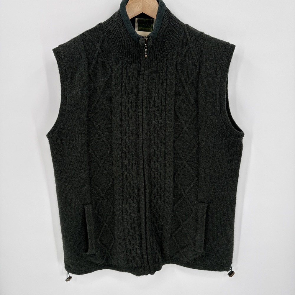 Aran Woolen Mills Mens Green Wool Cableknit Fisherman Vest Size Medium Ireland